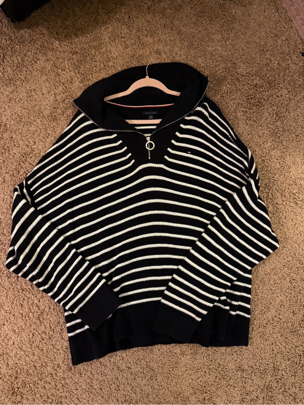 Tommy Hilfiger Black & White Striped Zip-Detail Turtleneck Sweater